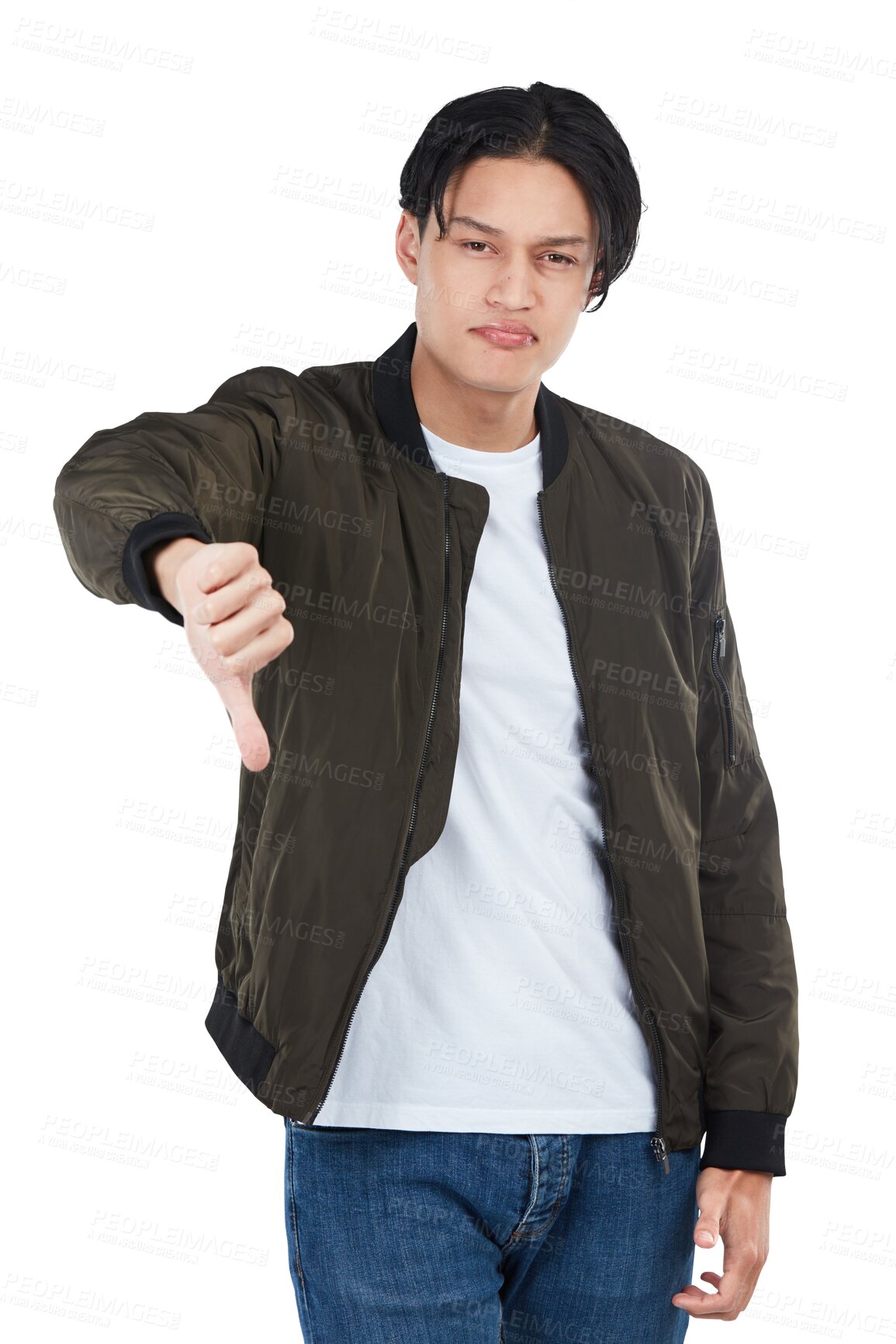 Buy stock photo Isolated asian man, portrait and reject with thumbs down, sign and choice by transparent png background. Young Japanese guy, gen z student or dislike with icon, hand emoji and decision with review