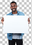 Sign, portrait and black man with poster for mockup, marketing or advertising space on isolated, transparent png background. Product placement, branding and male with banner for mock up or promotion