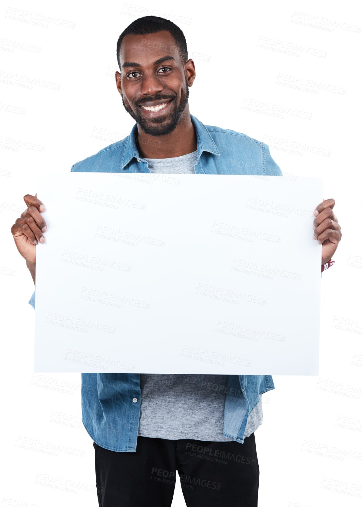 Buy stock photo Paper, billboard and portrait of happy man with mockup for advertising, news or announcement on transparent, isolated and png background. Banner, face and African male holding poster, sign or vote
