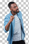 Portrait, fist and warning with a black man on an isolated and transparent png background ready for a fight or conflict. Hand, serious and threat with a young male warn or threaten
