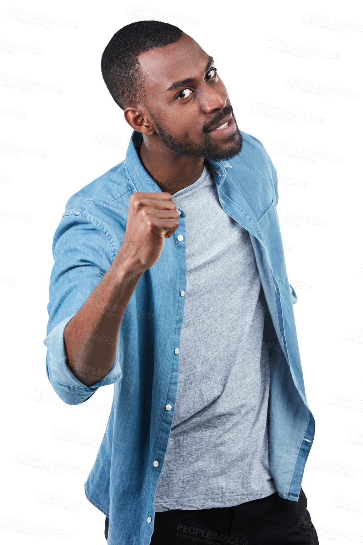 Buy stock photo Isolated black man, portrait and fist for warning, conflict or anger by transparent png background. Young African guy, gen z college student and angry with strong hand for fight, frustrated and youth