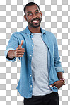Thumbs up, success and portrait of black man on an isolated, transparent png background. Ok hand gesture, like emoji and male with sign for motivation, support or approval, thank you or agreement