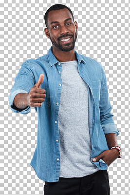 Buy stock photo Success, thumbs up and portrait of black man, hand gesture with positive review isolated on transparent png background. OK, like emoji and male person with feedback motivation, support and thank you