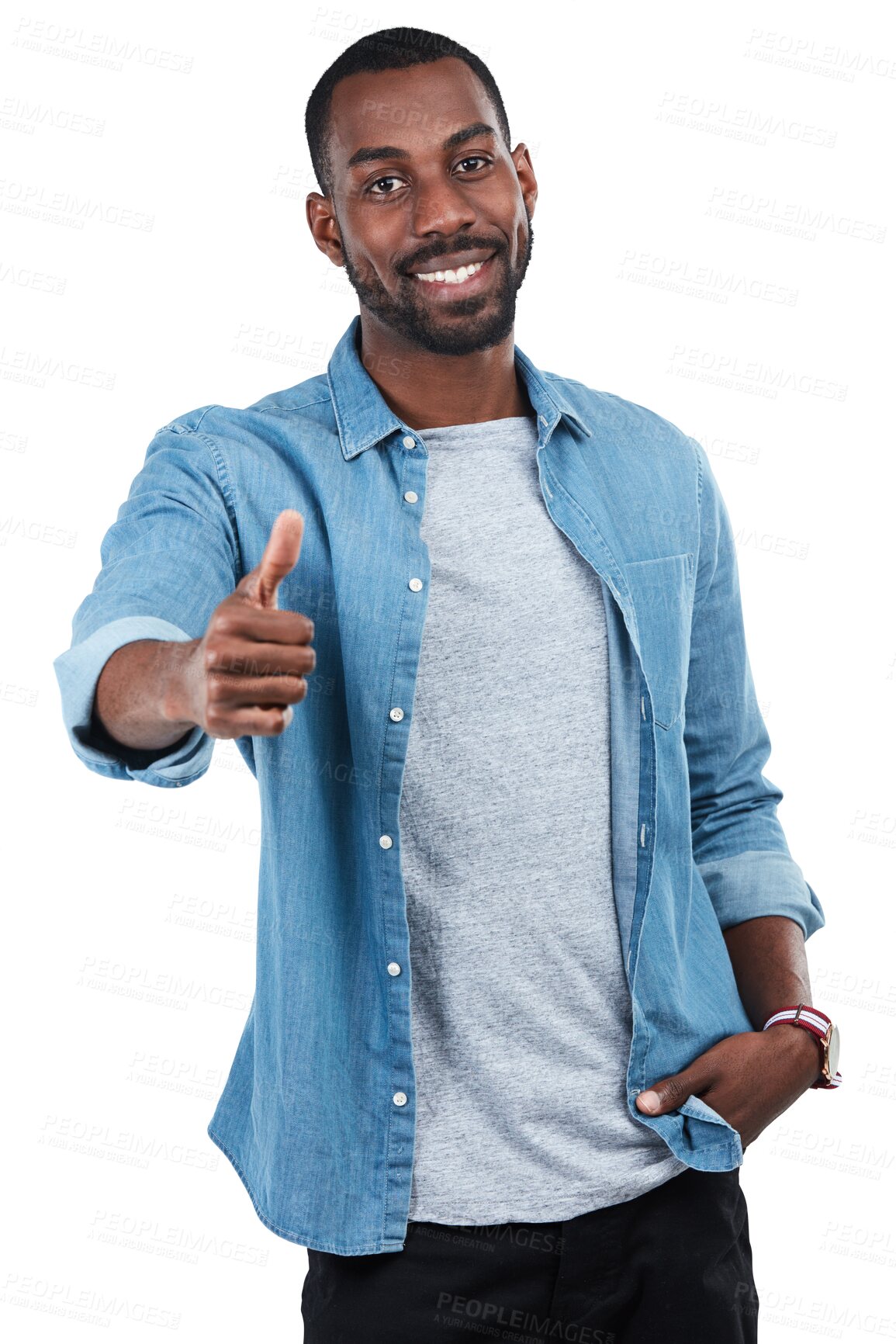 Buy stock photo Success, thumbs up and portrait of black man, hand gesture with positive review isolated on transparent png background. OK, like emoji and male person with feedback motivation, support and thank you