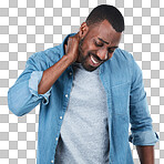 Burnout, stress and neck pain by a man feeling hurt on an isolated and transparent png background. Frustrated, male with an injury and inflammation due to pressure and wellness crisis or problem