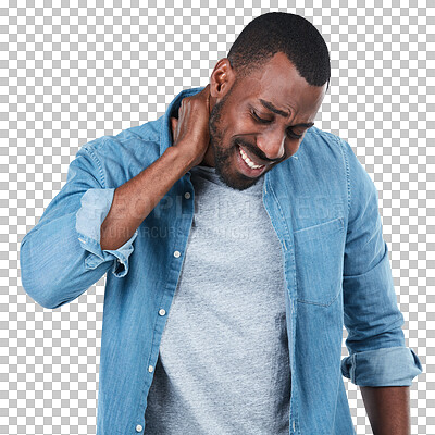 Buy stock photo Neck pain, frustrated and man isolated on transparent, png background for business fail, mistake or startup crisis. Stress, injury and spine problem of african person in creative career for deadline