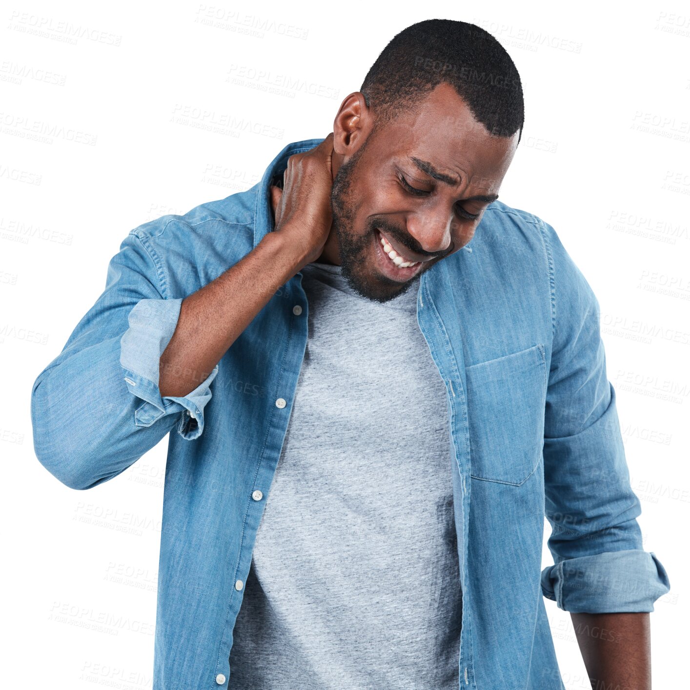 Buy stock photo Neck pain, frustrated and man isolated on transparent, png background for business fail, mistake or startup crisis. Stress, injury and spine problem of african person in creative career for deadline