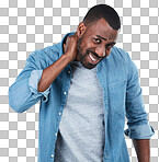 Stress, pain and sore neck of a man feeling hurt on an isolated and transparent png background. Portrait of a male with an injury and burnout due to pressure and wellness crisis or problem