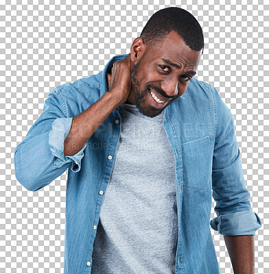 Buy stock photo Neck pain, portrait and black man isolated on transparent, png background in business fail, mistake or startup crisis. Stress, injury or spine problem of african person in creative career or deadline