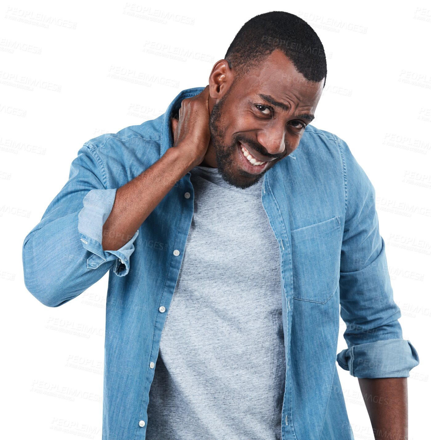 Buy stock photo Neck pain, portrait and black man isolated on transparent, png background in business fail, mistake or startup crisis. Stress, injury or spine problem of african person in creative career or deadline