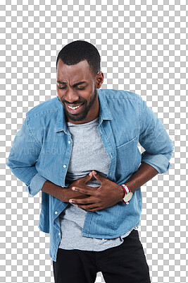 Buy stock photo Sick, stomach pain and black man with gas isolated on a transparent png background. Medical, painful and African person with a digestion problem, health emergency and diarrhea, ibs or constipation.