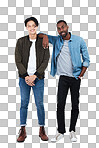 Happy, friends and men fashion portrait of full body in trendy, cool and casual person style on an isolated, transparent png background. Happiness in interracial friendship of young people together