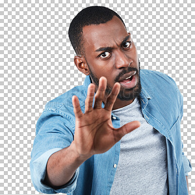 Buy stock photo Portrait, hand and black man with stop sign or warning while standing isolated on a transparent png background. Hands and face of African male person with palm gesture in denial protest, no or reject