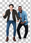 Success, win and portrait of friends cheering ion an isolated and transparent png background. Winning, diversity and men with happiness, motivation and smile