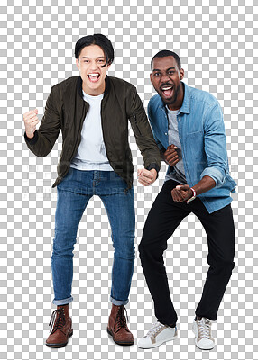 Buy stock photo Isolated friends, asian and black man with celebration, fist or portrait for win by transparent png background. Young gen z students, men and celebrate with diversity, winning and sports with goals
