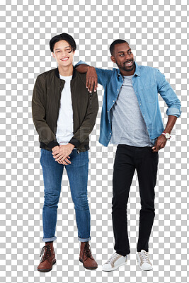Buy stock photo Happy, friends together and isolated in a png transparent background for support. Partnership or collaboration, positive or happy and male people pose for trendy fashion clothing with confidence 