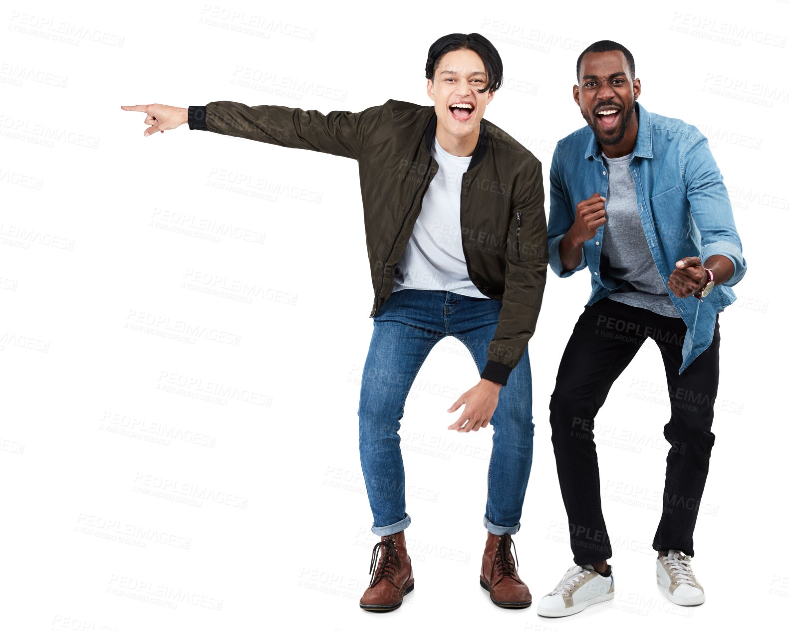 Buy stock photo Isolated friends celebrate, asian and black man with fist, portrait and winner by transparent png background. Young gen z students, men and celebration with diversity, winning and sports with goals