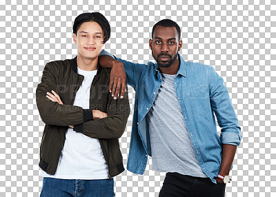 Buy stock photo Fashion, men and portrait of friends with arms crossed isolated on a transparent png background with casual, stylish and cool outfits. Diversity, confidence and young male models with trendy clothes