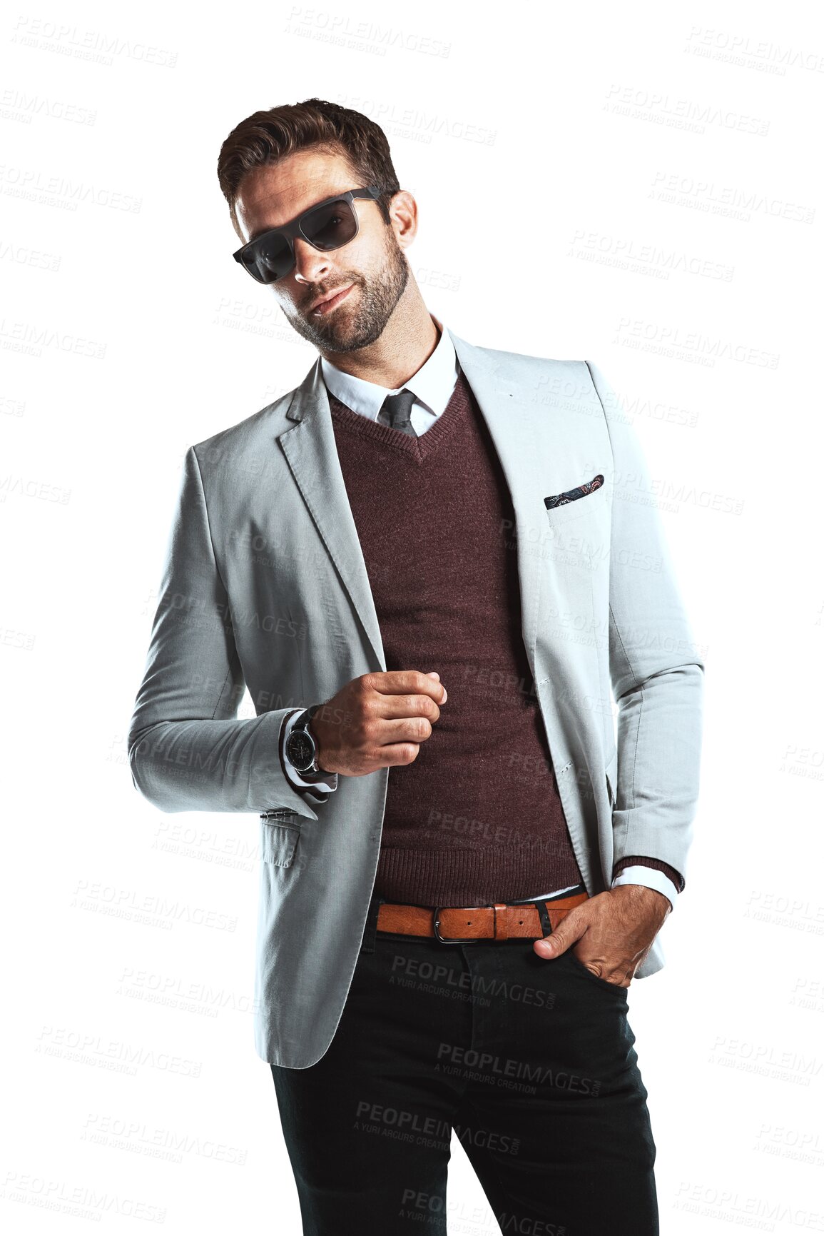 Buy stock photo Portrait, fashion sunglasses and man in suit isolated on transparent png background. Business, confidence and male professional, person or entrepreneur in Canada with stylish, trendy or cool clothes.