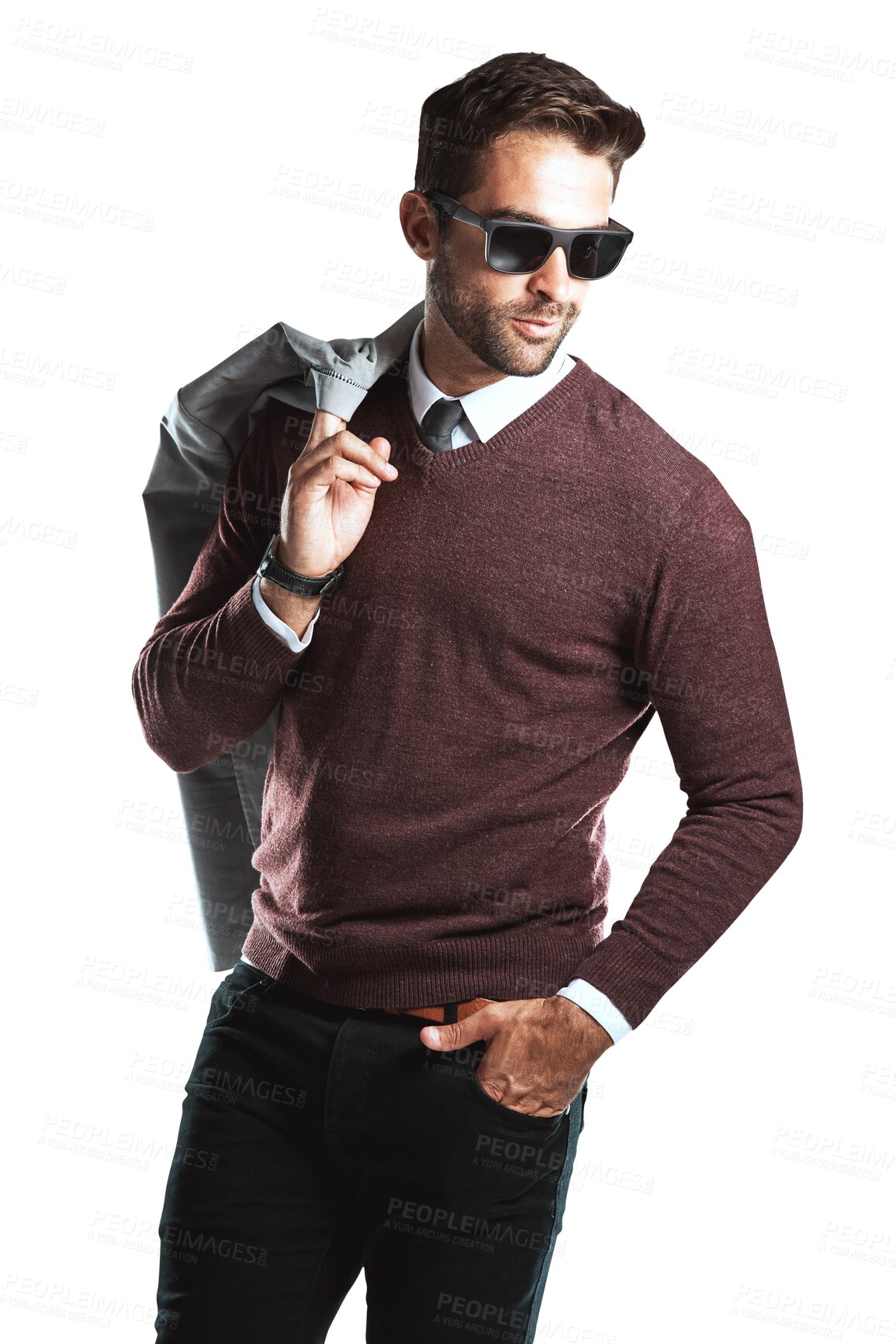 Buy stock photo Fashion, confident and business man isolated on a transparent, png background for wealth and style. Cool, clothes and handsome person, businessman or designer model in sunglasses and luxury clothes