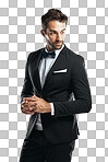 A handsome man wearing a tuxedo isolated on a png background