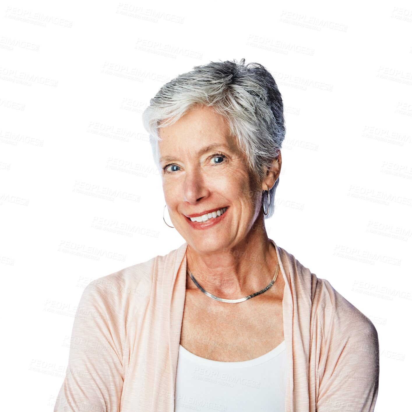 Buy stock photo Happy woman, senior and portrait isolated on a transparent, png background for retirement, wellness and health promotion. Smile, face and elderly person or model in elegant clothes for pension