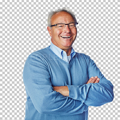 Buy stock photo Happy, portrait of a senior man with arms crossed isolated and against a transparent png background with a smile. Cheerful or excited, retirement and elderly male person smiling pose for happiness