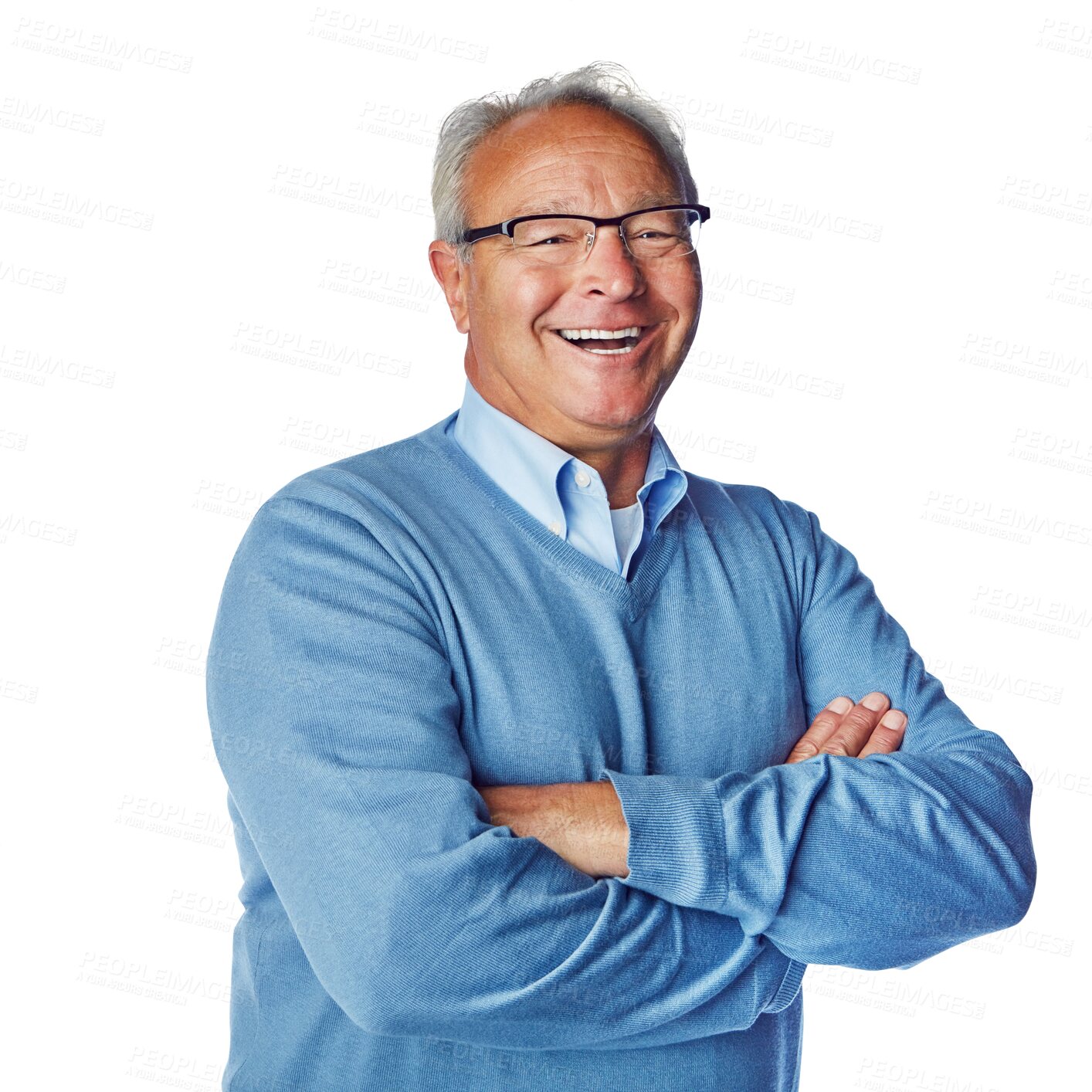 Buy stock photo Happy, portrait of a senior man with arms crossed isolated and against a transparent png background with a smile. Cheerful or excited, retirement and elderly male person smiling pose for happiness