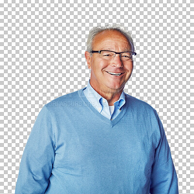 Buy stock photo Portrait, smile and senior man with confidence, glasses and pensioner against a transparent background. Face, happy old guy and mature person with eyewear, happiness and retirement with vision or png