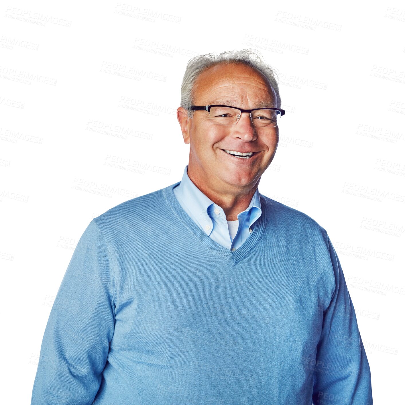 Buy stock photo Portrait, smile and senior man with confidence, glasses and pensioner against a transparent background. Face, happy old guy and mature person with eyewear, happiness and retirement with vision or png