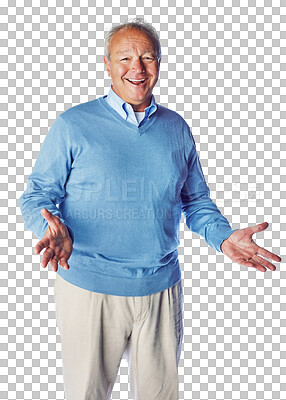 Buy stock photo Happy, portrait of a senior man isolated and against a transparent png background with smile for health wellness. Cheerful or excited, retirement and elderly female person pose for happiness.