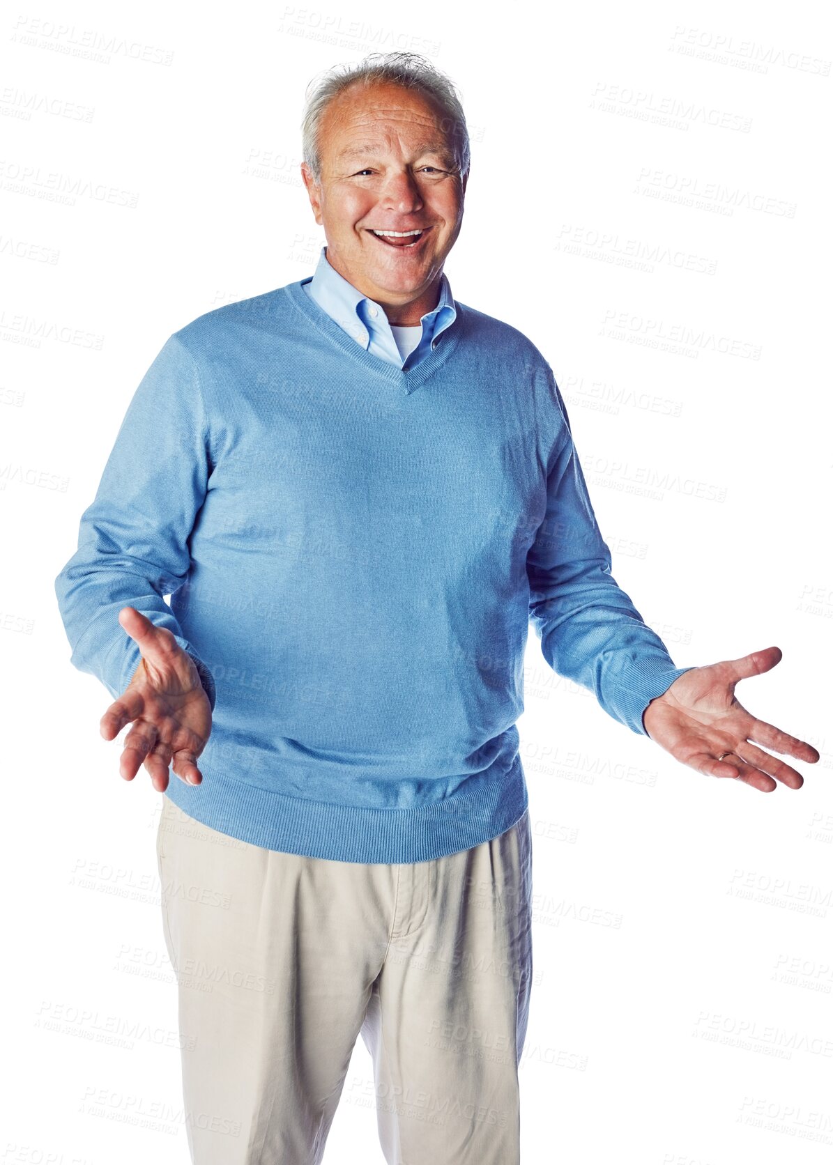 Buy stock photo Happy, portrait of a senior man isolated and against a transparent png background with smile for health wellness. Cheerful or excited, retirement and elderly female person pose for happiness.