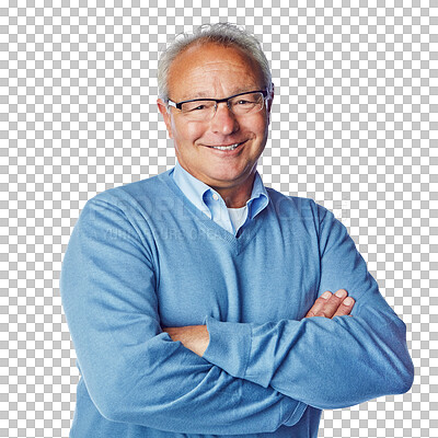 Buy stock photo Portrait, smile and senior man with arms crossed, confident and isolated on transparent background. Face, mature male person or elderly guy with fashion, glasses and happiness with retirement or png