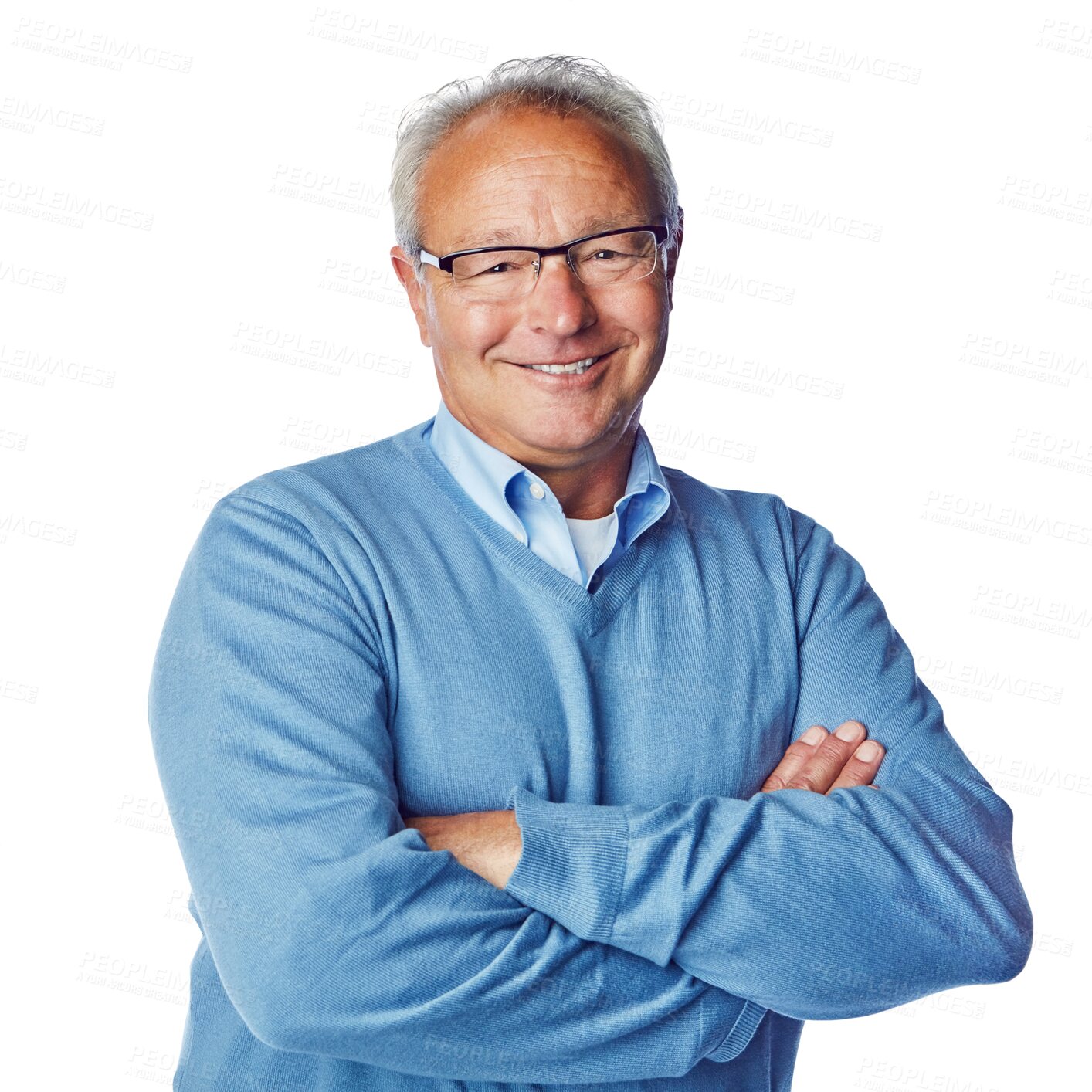 Buy stock photo Portrait, smile and senior man with arms crossed, confident and isolated on transparent background. Face, mature male person or elderly guy with fashion, glasses and happiness with retirement or png