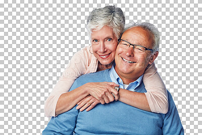 Buy stock photo Portrait, hug and senior couple isolated on transparent, png background in retirement, life insurance and health. Happy face of elderly people, woman and partner for love, support and care or pension