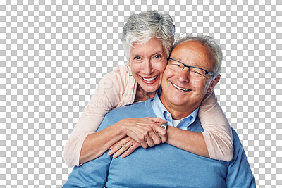 Buy stock photo Portrait, hug and happy senior couple isolated on transparent, png background of retirement or life insurance. Smile, face and elderly people, woman or partner love, support and healthcare or pension