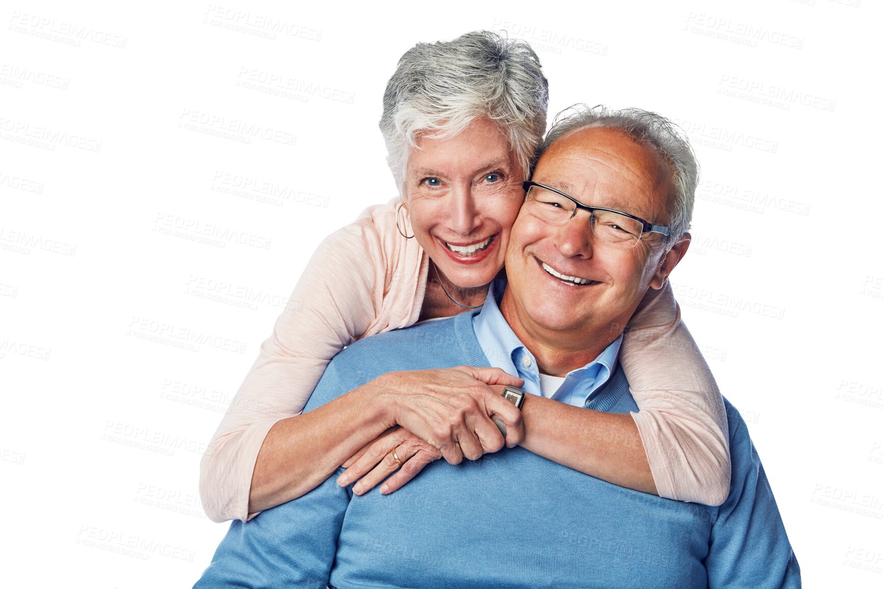 Buy stock photo Portrait, hug and happy senior couple isolated on transparent, png background of retirement or life insurance. Smile, face and elderly people, woman or partner love, support and healthcare or pension