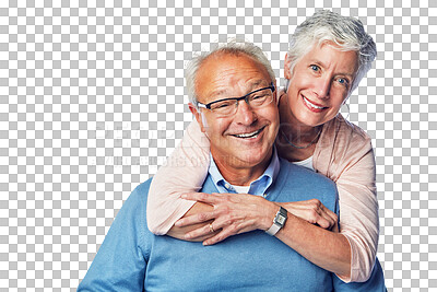 Buy stock photo Portrait, hug and elderly or happy couple isolated on transparent, png background in retirement or life insurance. Smile, face and senior people, woman or partner love, pension support and healthcare