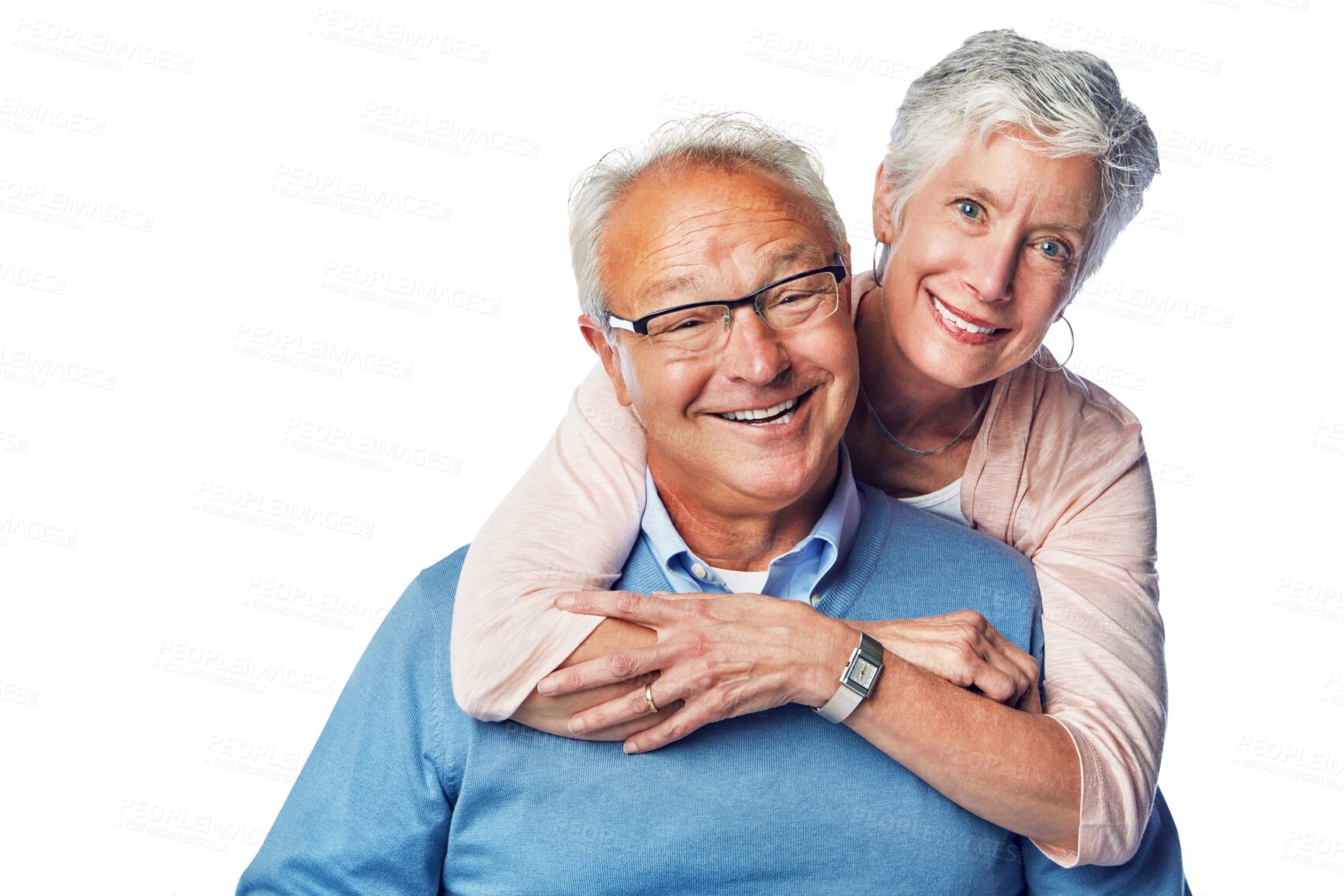 Buy stock photo Portrait, hug and elderly or happy couple isolated on transparent, png background in retirement or life insurance. Smile, face and senior people, woman or partner love, pension support and healthcare