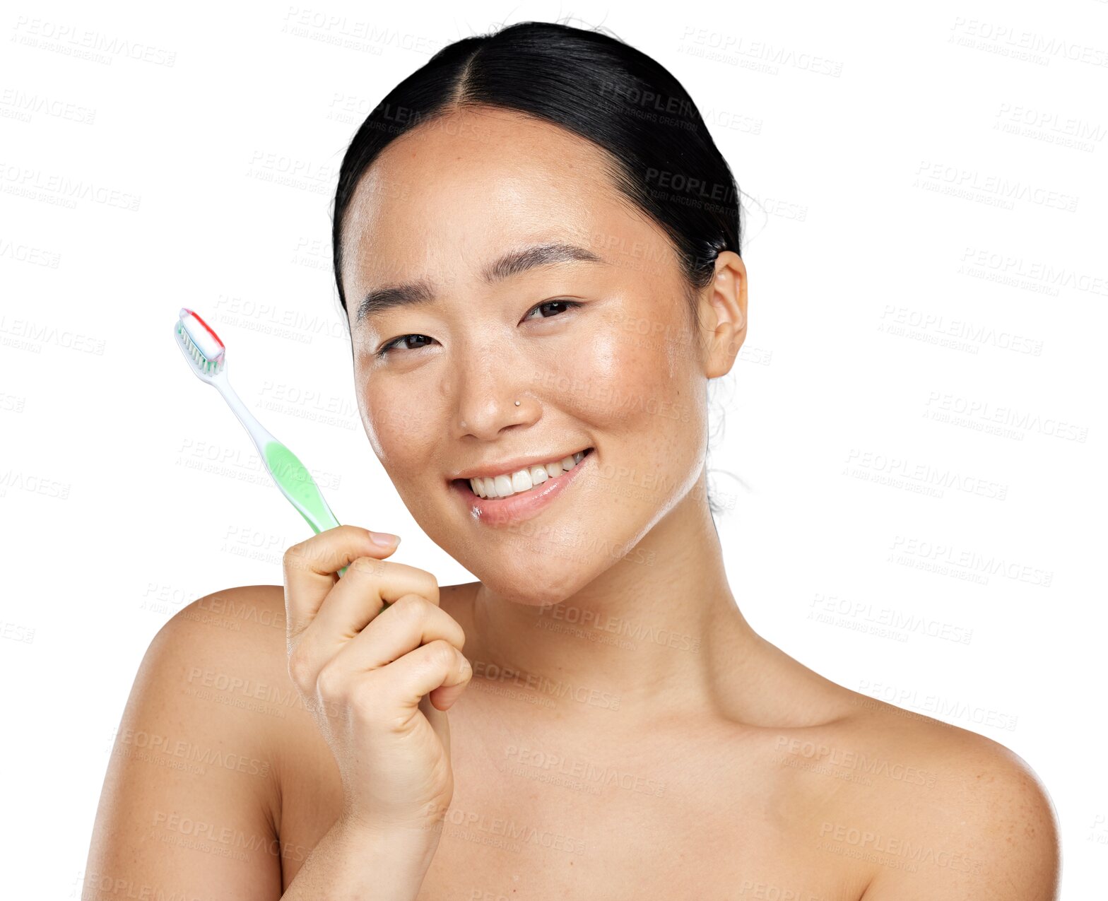 Buy stock photo Isolated Japanese woman, toothbrush and portrait with smile, hygiene and transparent png background. Happy Asian model, girl and brush for teeth whitening, wellness and dental health for results