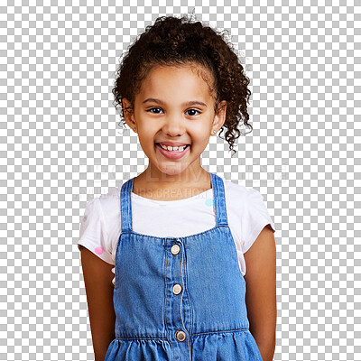 Buy stock photo Portrait, happy girl and child isolated on a transparent, png background for kindergarten fashion promotion. Denim, cool and clothes with face of excited latino kid from Mexico for youth style