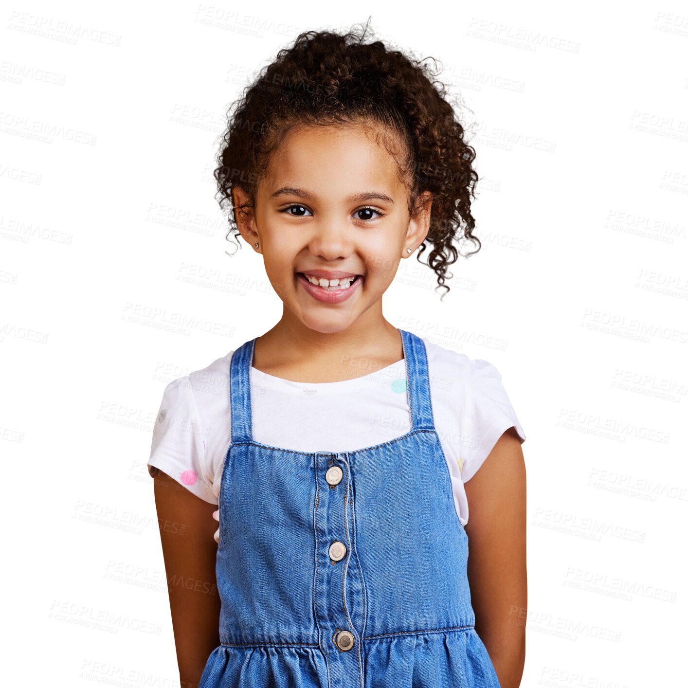 Buy stock photo Portrait, happy girl and child isolated on a transparent, png background for kindergarten fashion promotion. Denim, cool and clothes with face of excited latino kid from Mexico for youth style