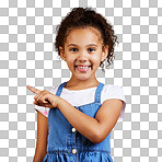 A portrait mixed race girl pointing sideways towards copyspace isolated Cute hispanic child posing inside. Happy and cute kid showing or endorsing company or product isolated on a png background