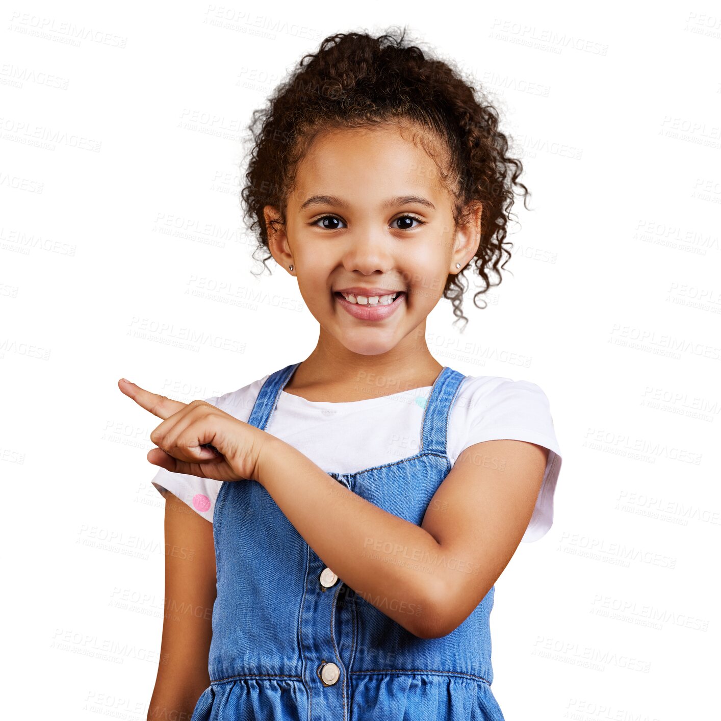 Buy stock photo Hand, pointing and girl child portrait with sign, happy or casual on isolated, transparent or png background. Finger, gesture and face of kid with smile for choice, decide or children fashion option