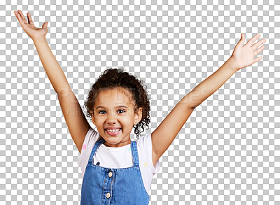 Buy stock photo Winning, portrait and child hands in air for celebration, success or excited isolated on transparent, png background. Yes, wow and happy latino kid, winner or face of girl celebrate, freedom or dance