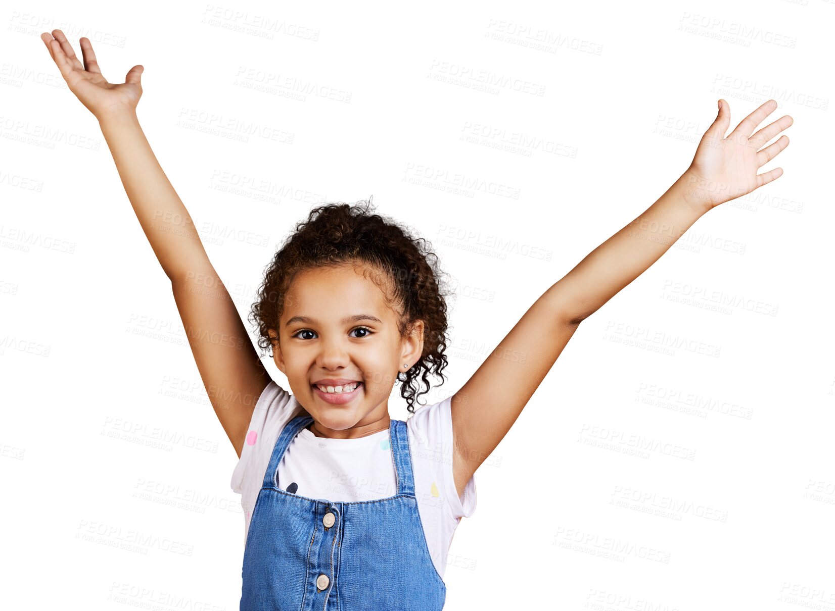 Buy stock photo Winning, portrait and child hands in air for celebration, success or excited isolated on transparent, png background. Yes, wow and happy latino kid, winner or face of girl celebrate, freedom or dance