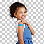 Studio portrait mixed race girl showing a plaster on her arm Cute hispanic child lifting her sleeve to show injection site for covid or corona jab and vaccination isolated on a png background. 