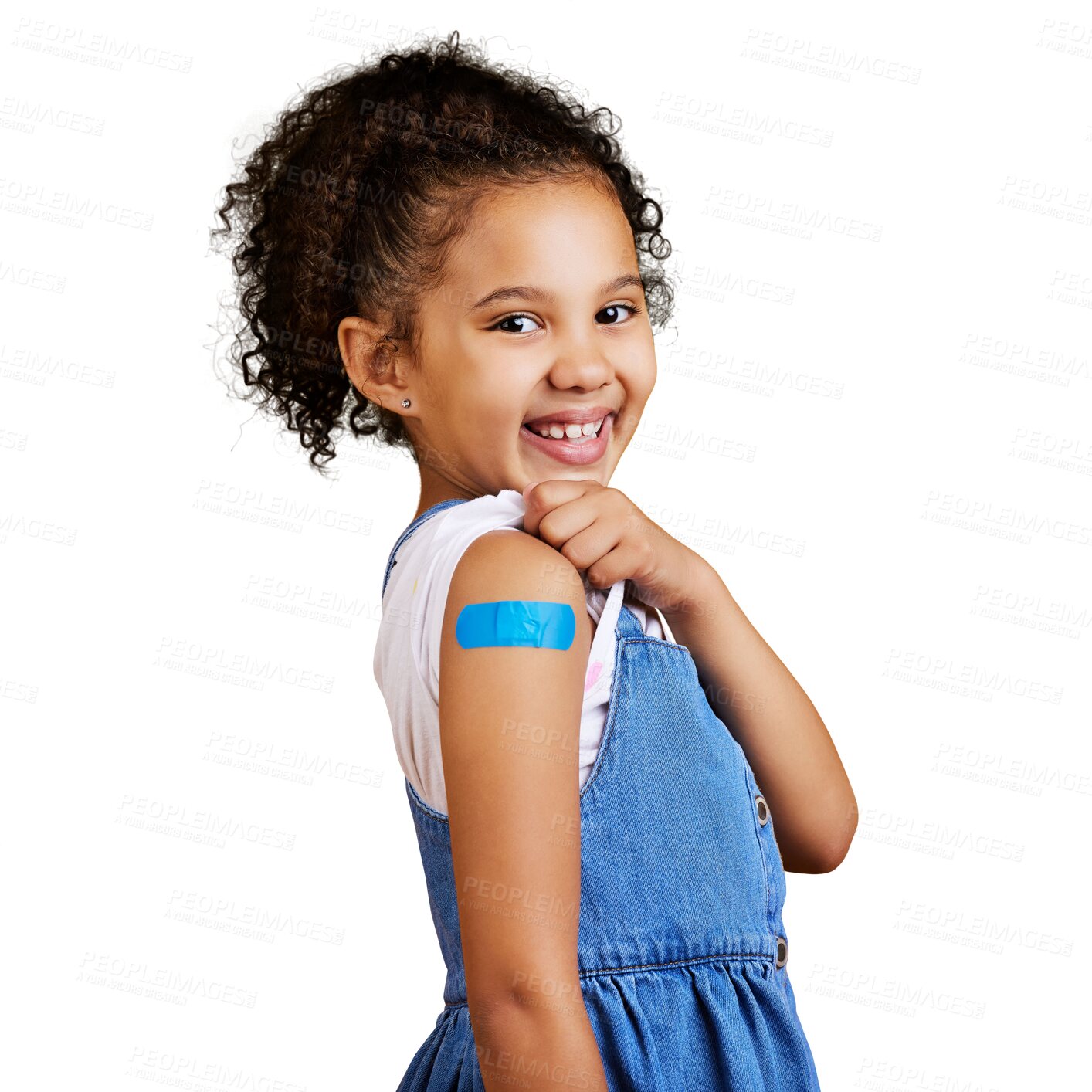 Buy stock photo Happy, portrait of a girl with a plaster for vaccine isolated and against a transparent png background with a smile. Healthcare, vaccination and young female person smiling for health wellness