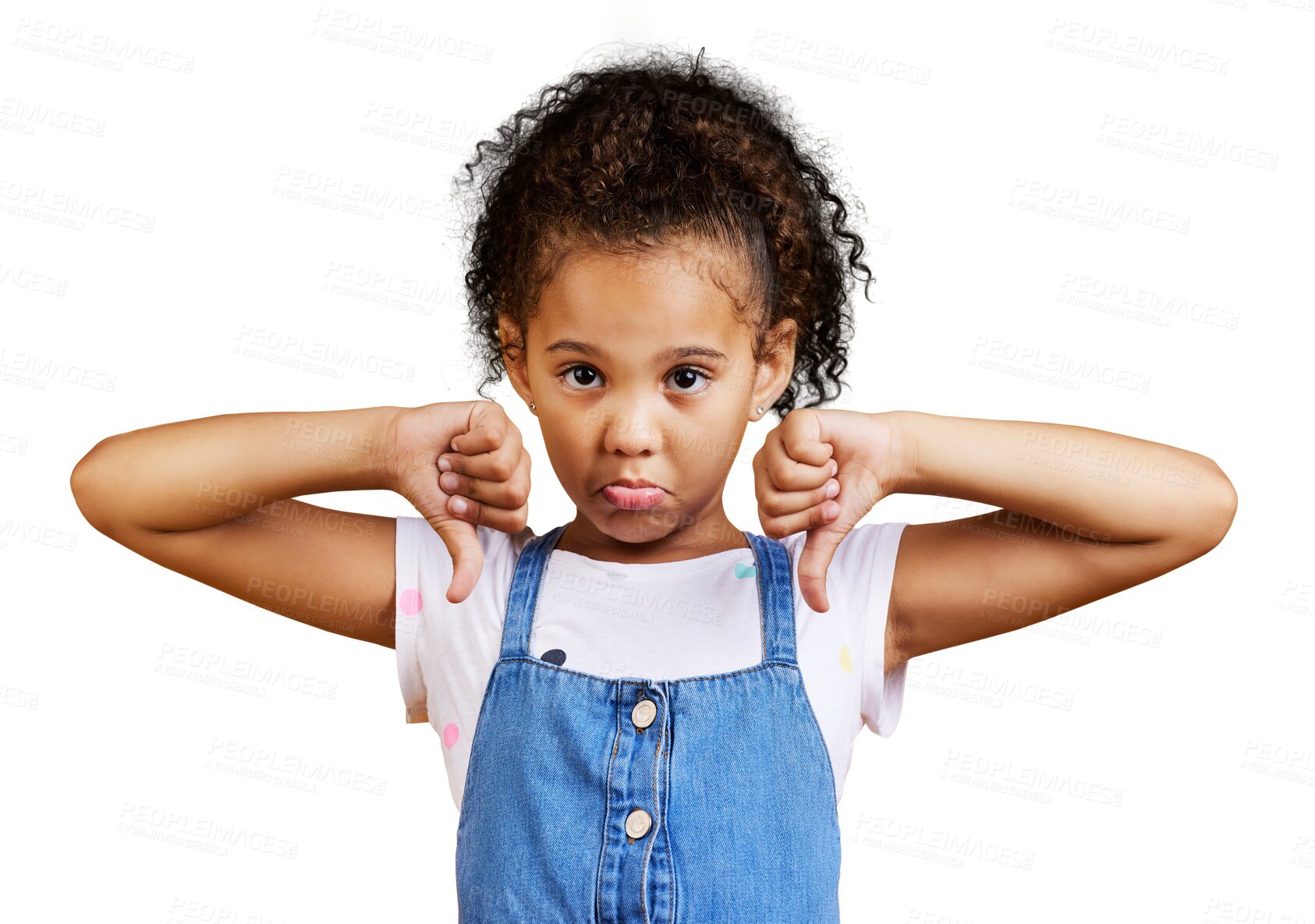 Buy stock photo Sad child, portrait and girl with thumbs down, frown and sign on transparent, isolated and png background. No, hand and face of kid unhappy, negative and emoji for disappointed, vote and review 