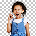 Studio portrait mixed race girl pointing upwards towards copyspace isolated on a png background. Cute hispanic child posing inside. Happy and cute kid showing or endorsing a company or product